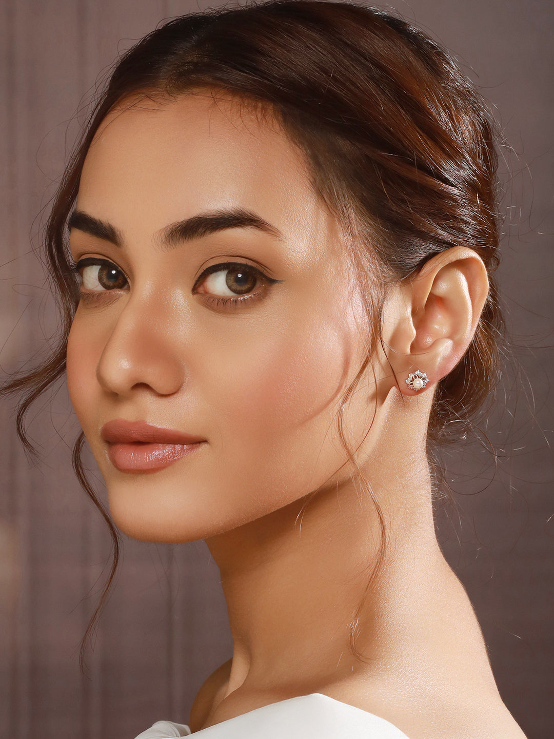 925 Sterling Silver Zircon Studded Faux Pearls  Flower Studds Earrings